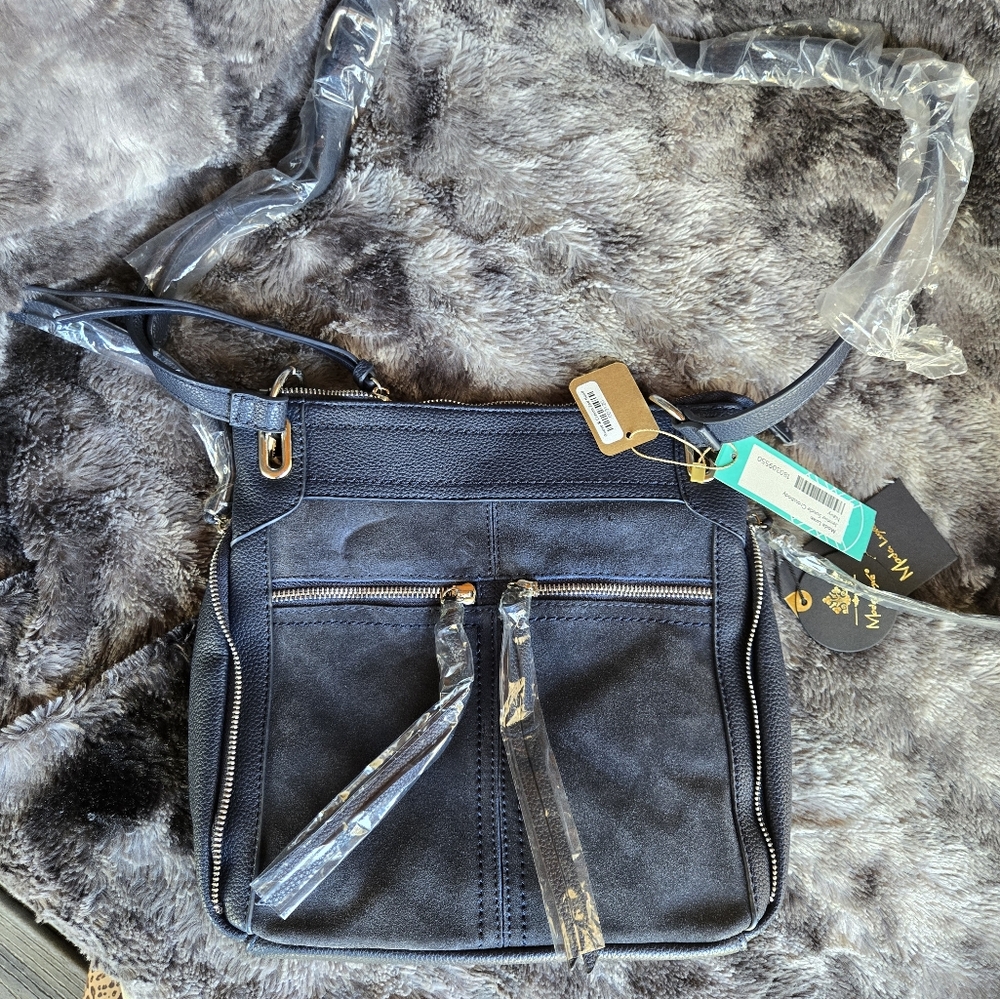 Moda Luxe “Jennie” Navy Suede & Pebbled Leather Crossbody Bag – NWT